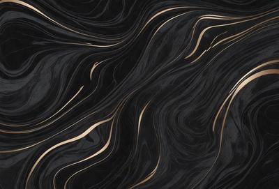 The primary subject of the image is a black and gold patterned surface, which appears to be a marble or stone texture. The setting is a dark background, which contrasts with the patterned surface. The visual style is a close-up of the pattern, showcasing the intricate details of the design. The colors and mood of the image are predominantly dark, with the gold accents adding a touch of warmth and sophistication to the overall atmosphere.