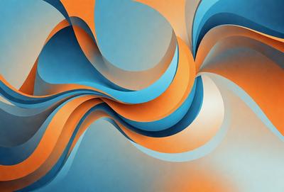 The primary subject of the image is a blue and orange abstract artwork. The setting is a white wall, and the visual style is a combination of digital art and illustration. The dominant colors are blue and orange, creating a vibrant and lively atmosphere.