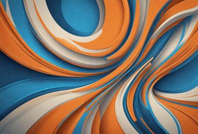 The primary subject of the image is a colorful, abstract artwork featuring a mix of orange, blue, and white colors. The setting is a wall with a patterned design, and the visual style appears to be a combination of digital art and illustration. The overall atmosphere is vibrant and dynamic, with the artwork creating a sense of movement and energy.
