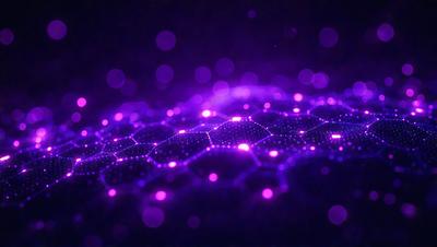 The primary subject of the image is a purple, glowing, geometric pattern. The setting is a dark background, which contrasts with the bright purple pattern. The visual style appears to be a combination of digital art and illustration, creating a unique and eye-catching design. The dominant colors are purple and black, giving the image a bold and striking appearance.