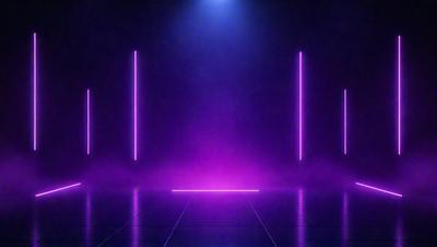 The primary subject of the image is a purple room with a purple floor. The setting is a dark room with purple lights illuminating the space. The visual style is a digital art or illustration, creating a unique and artistic atmosphere. The colors and mood of the image are predominantly purple, giving it a mysterious and intriguing appearance.