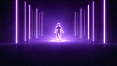 The primary subject of the image is a man standing in a purple-lit room. The setting appears to be a futuristic or industrial environment, with the man being the main focus of the scene. The visual style of the image is a combination of digital art and illustration, creating a unique and captivating atmosphere. The dominant colors in the image are purple and blue, which contribute to the futuristic and mysterious mood of the scene.