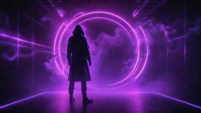 The primary subject of the image is a person, likely a man, wearing a hooded robe and standing in front of a purple, pink, and white circle. The setting appears to be a futuristic or fantasy-themed environment, with the person standing in front of a purple, pink, and white circle. The visual style of the image is digital art, as it appears to be a digital illustration or drawing. The colors and mood of the image are predominantly purple,