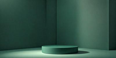 The primary subject of the image is a green table or round object, which is placed in a dark room. The setting is a dimly lit space, and the visual style appears to be a photo. The colors in the image are predominantly green, and the overall atmosphere is somewhat mysterious or moody.