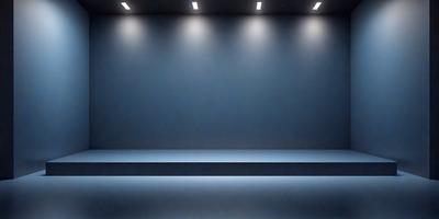 The primary subject of the image is a blue wall with a blue background. The setting is a dark room with a blue-lit stage. The visual style is a photo, and the colors and mood are predominantly blue, creating a calm and serene atmosphere.