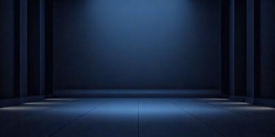 The primary subject of the image is a blue wall with a blue floor. The setting is a dark room, and the visual style is a photo. The dominant colors are blue, and the overall atmosphere is calm and serene.