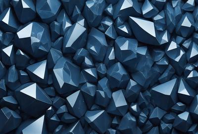 The primary subject of the image is a large number of blue crystals or diamond-shaped objects, which are arranged in a visually appealing manner. The setting is a dark blue background, which contrasts with the bright blue crystals. The visual style of the image is a combination of photo and digital art, creating a unique and intriguing pattern. The colors and mood of the image are predominantly blue, giving it a calm and serene atmosphere.