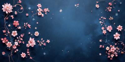 The primary subject of the image is a blue background with a pattern of pink flowers. The setting is a dark, starry night, creating a moody atmosphere. The visual style is a combination of digital art and illustration, with the flowers and background being digitally created, while the overall mood is one of serenity and beauty.