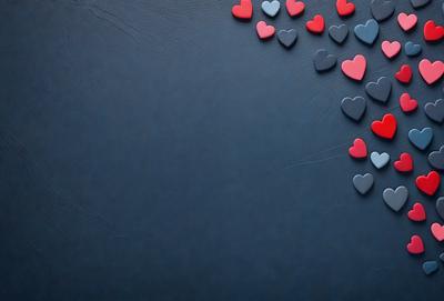 The primary subject of the image is a collection of hearts, which are scattered across a blue surface. The hearts are of various sizes and are placed in different positions, creating a visually appealing and playful scene. The setting appears to be a dark background, which contrasts with the bright colors of the hearts. The visual style of the image is a combination of digital art and illustration, giving it a unique and creative appearance. The overall atmosphere of the image is cheerful and uplifting, with the hearts symbolizing love and