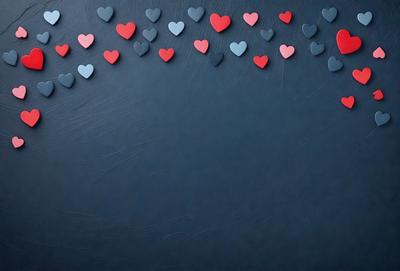 The primary subject of the image is a blue background with a string of hearts attached to it. The hearts are red and blue, and they are arranged in a line. The setting is a dark blue background, which contrasts with the bright colors of the hearts. The visual style is a combination of digital art and illustration, creating a unique and eye-catching design. The colors and mood of the image are vibrant and lively, with the red and blue hearts adding a sense of warmth and energy to the overall atmosphere