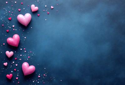 The primary subject of the image is a collection of pink hearts floating in the air. The hearts are scattered throughout the scene, with some closer to the foreground and others further in the background. The setting appears to be a dark blue background, which contrasts with the pink hearts, creating a visually striking scene. The visual style of the image is a combination of photo and digital art, as the hearts are floating in a digital manner. The overall atmosphere of the image is one of love and affection, as the hearts symbolize love