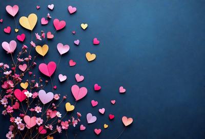The primary subject of the image is a collection of pink and yellow hearts, which are scattered across a blue wall. The hearts are in various shapes and sizes, creating a visually appealing and playful scene. The setting is a blue wall, which serves as a striking backdrop for the hearts. The visual style of the image is a combination of digital art and illustration, as the hearts are arranged in a creative and artistic manner. The dominant colors in the image are pink and yellow, which evoke a sense of