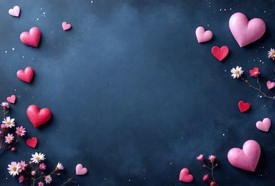 The primary subject of the image is a blue background with hearts scattered across it. The hearts are pink and are placed in various positions on the blue surface. The setting appears to be a night sky, with the hearts floating in the darkness. The visual style of the image is a combination of digital art and illustration, creating a unique and artistic representation of the hearts. The colors and mood of the image are predominantly dark and moody, with the pink hearts providing a touch of warmth and brightness.