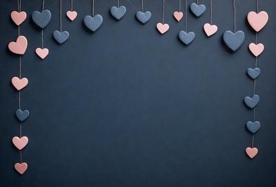 The primary subject of the image is a blue wall with a row of hearts hanging from it. The hearts are made of felt and are attached to the wall with strings. The setting is a room with a blue background, and the visual style is a combination of a photo and a digital art. The colors and mood of the image are predominantly blue, creating a calm and serene atmosphere.