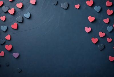 The primary subject of the image is a collection of hearts, which are arranged in various positions on a blue background. The hearts are made of different materials, such as wood and plastic, and are scattered across the surface. The setting appears to be a dark room, with the hearts being the main focus of the image. The visual style is a combination of digital art and illustration, creating a unique and artistic display of hearts. The colors and mood of the image are predominantly dark and moody, with the blue background providing