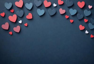 The primary subject of the image is a collection of hearts, which are red, white, and blue in color. These hearts are arranged in a row, hanging from the ceiling or placed on a blue surface. The setting appears to be a dark room, which adds a dramatic and moody atmosphere to the scene. The visual style of the image is a combination of digital art and illustration, creating a unique and eye-catching display.