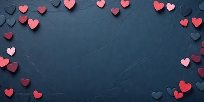 The primary subject of the image is a collection of red hearts, which are arranged in a row on a blue surface. The setting is a dark blue background, and the visual style appears to be a combination of a photo and a digital art or illustration. The hearts are the main focus of the image, and their red color and arrangement create a warm and inviting atmosphere.