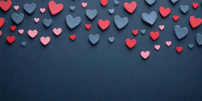 The primary subject of the image is a collection of red, blue, and pink hearts. These hearts are arranged in various positions, creating a visually appealing pattern. The setting is a blue background, which contrasts nicely with the vibrant colors of the hearts. The visual style of the image is a combination of digital art and illustration, giving it a unique and creative appearance. The dominant colors of the image are red, blue, and pink, which evoke a sense of warmth, love, and joy.