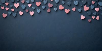 The primary subject of the image is a collection of hearts, which are scattered across a blue background. The hearts come in various sizes and are placed at different positions on the blue surface. The visual style of the image is a combination of a photo and digital art, creating a unique and eye-catching display. The overall atmosphere of the image is warm and inviting, with the hearts symbolizing love and affection.