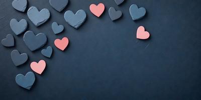 The primary subject of the image is a collection of hearts, which are displayed on a blue surface. The hearts are arranged in various positions, creating a visually appealing and heartwarming scene. The setting appears to be a dark room, which adds a sense of depth and contrast to the image. The visual style of the image is a combination of digital art and illustration, as the hearts are carefully placed and positioned to create a cohesive and aesthetically pleasing composition. The colors and mood of the image