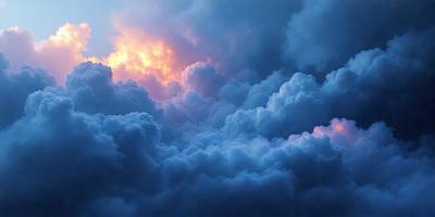The primary subject of the image is a cloudy sky filled with clouds. The setting is a blue sky, and the visual style is a photo. The clouds are white and gray, creating a dramatic and moody atmosphere.