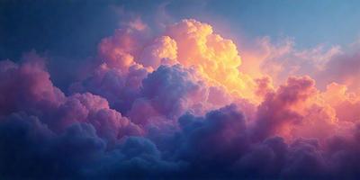The primary subject of the image is a large, colorful cloud with a pink hue. The cloud is surrounded by a blue sky, creating a vibrant and lively atmosphere. The visual style of the image is a combination of photo and digital art, as it captures the beauty of the cloud in a unique and artistic manner. The dominant colors in the image are pink and blue, which evoke a sense of warmth and tranquility.