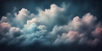 The primary subject of the image is a cloudy sky with a variety of cloud formations. The setting is a dark, cloudy day, and the visual style is a photo. The dominant colors in the image are shades of blue and gray, creating a moody atmosphere.