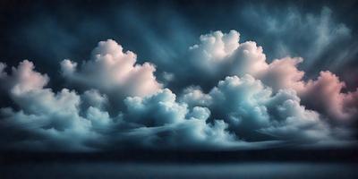 The primary subject of the image is a cloudy sky with a dark blue background. The setting is a cloudy day, and the visual style is a photo. The sky is filled with clouds, creating a moody atmosphere. The dominant colors are dark blue and various shades of gray, which contribute to the overall mood of the scene.