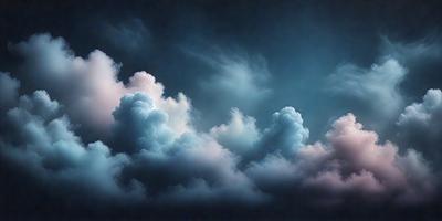 The primary subject of the image is a cloudy sky with a dark blue background. The setting is a nighttime scene, with the sky filled with clouds. The visual style is a photo, capturing the beauty of the cloudy sky. The colors and mood of the image are dark and moody, with the clouds creating a dramatic and atmospheric scene.