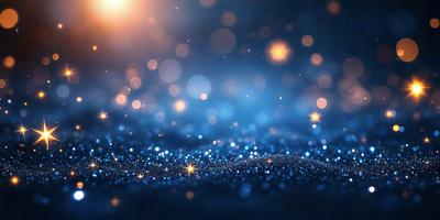 The primary subject of the image is a blue background with a pattern of bright, shining stars. The setting appears to be a night sky, with the stars creating a sense of depth and dimension. The visual style of the image is a combination of digital art and illustration, as the stars are depicted in a way that resembles a painting or drawing. The colors and mood of the image are predominantly blue, with the bright stars adding a touch of warmth and energy to the scene.