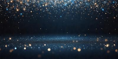 The primary subject of the image is a blue background with a pattern of glittering stars. The setting appears to be a dark room, and the visual style is a combination of a photo and digital art. The colors and mood of the image are predominantly dark and mysterious, with the blue background and the glittering stars creating a sense of depth and intrigue.