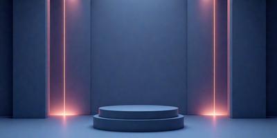 The primary subject of the image is a large, empty room with a blue wall. The setting is a dark room with a blue wall, and the visual style is a photo. The colors and mood of the image are predominantly blue, creating a calm and serene atmosphere.