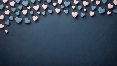 The primary subject of the image is a collection of hearts, which are arranged in various shapes and sizes. The hearts are scattered across a blue surface, creating a visually appealing and colorful display. The setting appears to be a wall or a similar surface, providing a backdrop for the hearts. The visual style of the image is a combination of digital art and illustration, as the hearts are carefully arranged and positioned to create a cohesive and eye-catching pattern. The dominant colors in the image are blue and pink