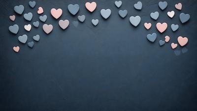 The primary subject of the image is a collection of hearts, which are arranged in a row on a blue background. The hearts come in various colors, including pink, blue, and white. The setting is a blue wall, and the visual style appears to be a combination of a photo and digital art. The overall atmosphere is warm and inviting, with the hearts symbolizing love and affection.