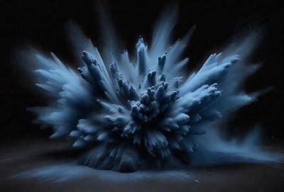 The primary subject of the image is a blue, smoke-like explosion with a central point. The setting is a dark background, which contrasts with the bright blue color of the explosion. The visual style appears to be a combination of a photo and digital art, creating a unique and intriguing scene. The colors and mood of the image are predominantly dark and dramatic, with the blue explosion standing out as the focal point.