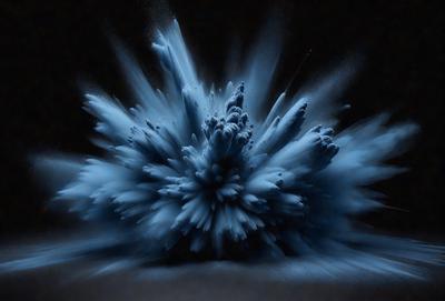 The primary subject of the image is a blue, white, and black explosion, which appears to be a digital art or illustration. The setting is a dark background, and the visual style gives the impression of a painting or drawing. The colors and mood of the image are predominantly dark and dramatic, with the blue and white colors of the explosion contrasting against the black background.