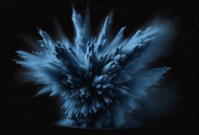 The primary subject of the image is a blue, smoke-like object that appears to be a cloud or a waterfall. The setting is a dark background, which contrasts with the blue object. The visual style is a combination of photo and digital art, creating a unique and intriguing scene. The colors and mood of the image are predominantly blue, giving it a serene and calming atmosphere.