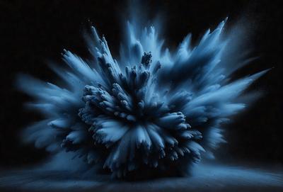 The primary subject of the image is a blue, swirling, and cloudy object that resembles a flower or a blurry explosion. The setting is a dark background, which contrasts with the vibrant blue color of the main subject. The visual style appears to be a combination of digital art and illustration, creating a dynamic and artistic representation of the subject. The colors and mood of the image are predominantly blue, with a sense of movement and energy, giving the impression of a powerful and capt