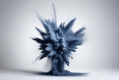 The primary subject of the image is a blue explosion, which appears to be a painting or a digital artwork. The setting is a white background, which provides a clean and uncluttered environment for the artwork. The visual style is a mix of digital art and painting, creating a unique and eye-catching piece. The colors and mood of the image are predominantly blue, which gives it a cool and calming atmosphere.