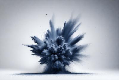 The primary subject of the image is a blue explosion, which appears to be a digital art or illustration. The setting is a white background, and the visual style gives the impression of a painting or a graphic design. The dominant colors in the image are blue and white, creating a sense of energy and dynamism.