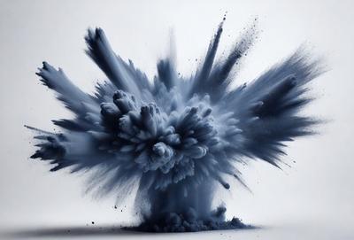 The primary subject of the image is a large, blue explosion with smoke and debris flying outward. The setting is a white background, which contrasts with the vibrant blue color of the explosion. The visual style appears to be a combination of photo and digital art, creating a dynamic and dramatic scene. The colors and mood of the image are predominantly blue, with a sense of intensity and power conveyed by the explosion.