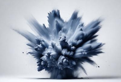 The primary subject of the image is a blue explosion, which appears to be a digital art or illustration. The setting is a white background, and the visual style gives the impression of a painting or a graphic design. The dominant colors in the image are blue and white, creating a sense of energy and dynamism.