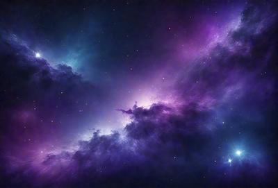 The primary subject of the image is a purple and blue nebula, which is a cloud of gas and dust in space. The setting is a dark, star-filled sky, with the nebula being the main focus of the image. The visual style is a combination of a photo and digital art, creating a unique and captivating representation of the nebula. The colors and mood of the image are predominantly purple and blue, giving it a serene and celestial atmosphere.
