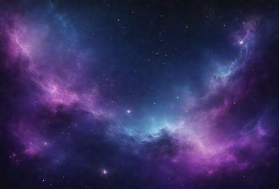 The primary subject of the image is a purple and blue starry sky. The setting is a space filled with stars, creating a beautiful and serene atmosphere. The visual style is a combination of a photo and digital art, as it captures the beauty of the night sky with a touch of creativity. The colors and mood of the image are predominantly purple and blue, giving it a calming and peaceful vibe.