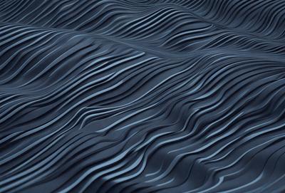 The primary subject of the image is a blue, wavy surface that resembles a water surface or a textured wall. The setting is a dark blue background, which creates a moody atmosphere. The visual style is a digital art or illustration, as the surface appears to be a digital creation. The colors and mood are predominantly dark blue, creating a sense of depth and mystery.