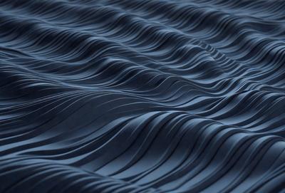 The primary subject of the image is a large, dark blue wave with a pattern of ripples and swirls. The wave is the main focus of the image, and it appears to be a digital art or illustration. The setting is a dark blue background, which complements the wave's color and adds to the overall mood of the image. The visual style is a combination of realism and artistic expression, creating a striking and visually appealing scene.