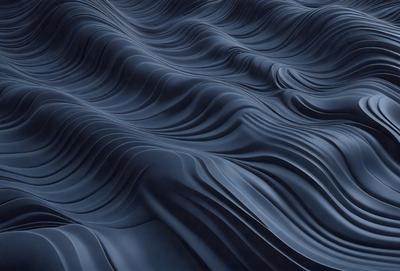 The primary subject of the image is a blue, wavy surface that resembles a water surface. The setting is a blue ocean, and the visual style is digital art. The dominant colors are blue and black, creating a calm and serene atmosphere.