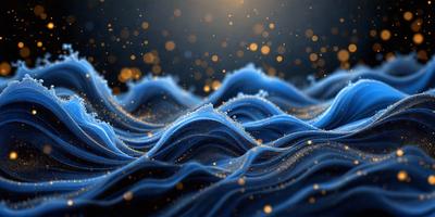The primary subject of the image is a blue ocean with a wave. The setting is a dark blue background, and the visual style is a digital art or illustration. The colors and mood of the image are predominantly dark blue and blue, creating a calm and serene atmosphere.