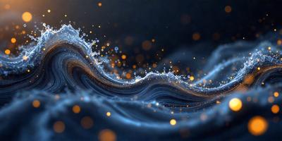 The primary subject of the image is a wave, which is the main object, scene, or focus of the image. The wave is depicted in a blue and black color scheme, giving it a dramatic and moody appearance. The setting or background of the image is a dark, starry sky, which contrasts with the wave and adds to the overall atmosphere. The visual style of the image is a combination of photo and digital art, creating a unique and captivating representation of the wave.