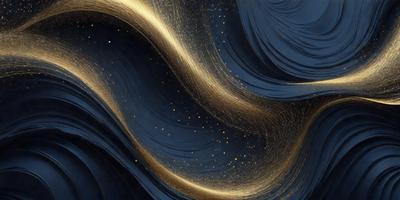 The primary subject of the image is a swirling, flowing pattern of gold and black colors. The setting is a dark background, which contrasts with the bright gold and black colors of the pattern. The visual style appears to be a digital art or illustration, as the colors and patterns are intricately detailed and well-defined. The overall atmosphere of the image is dynamic and captivating, with the gold and black colors creating a sense of movement and energy.